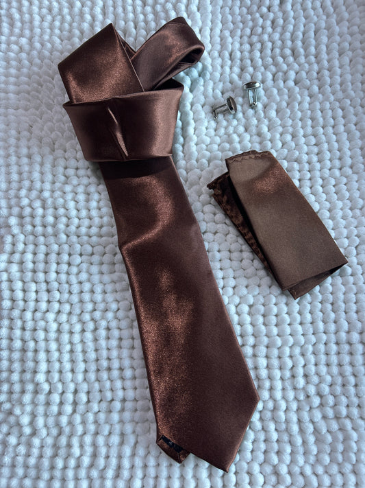 Brown Tie and Pocket Square Set