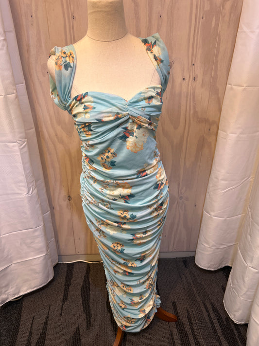 Blue Floral Fitted Midi Dress